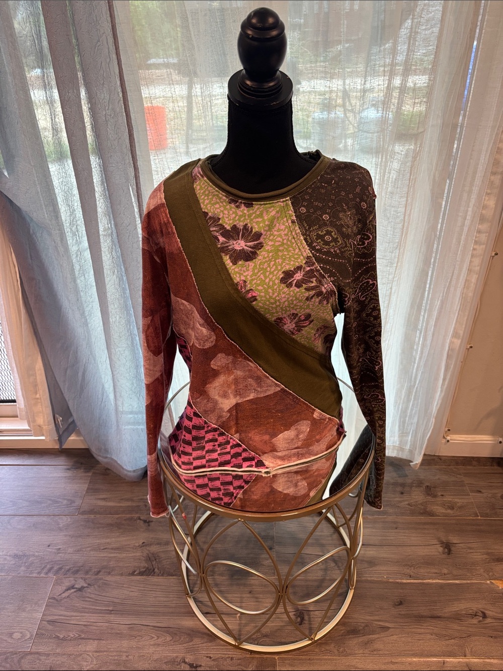 We The Free Patchwork Long Sleeve Top in Olive Green, Pink and Brown